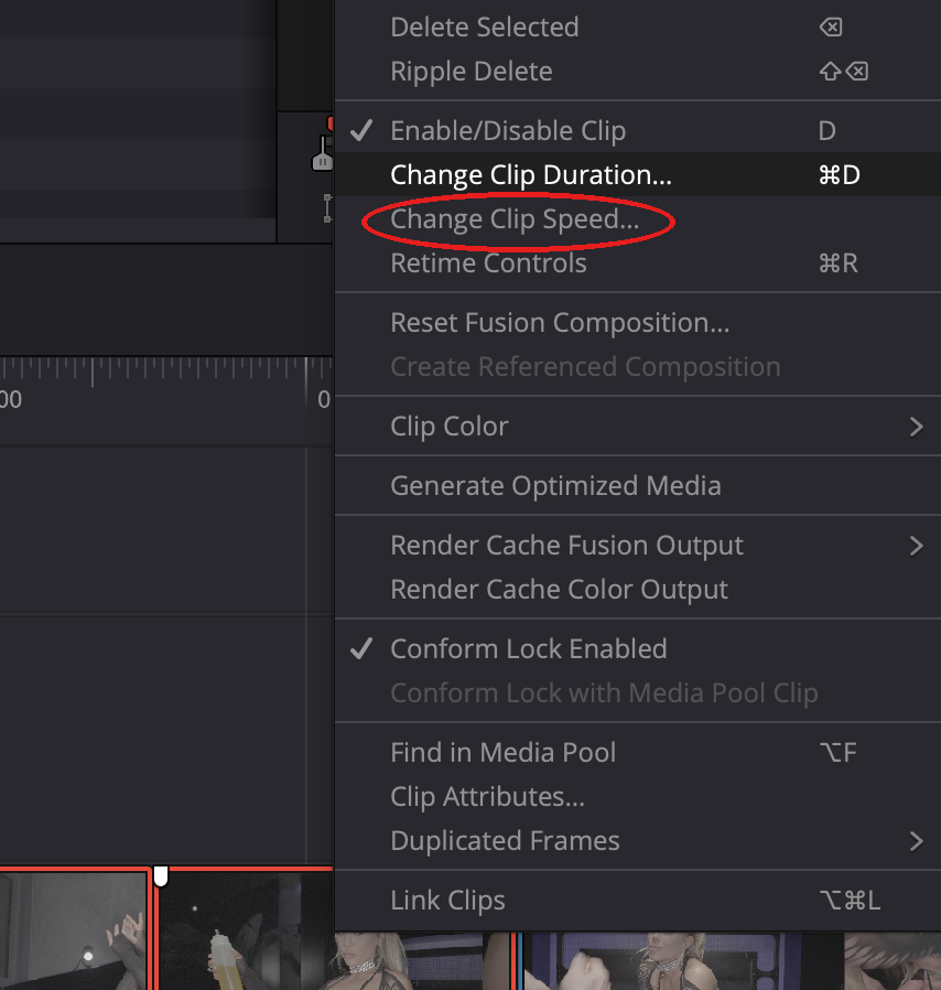 Right click menu with Change Clip Speed