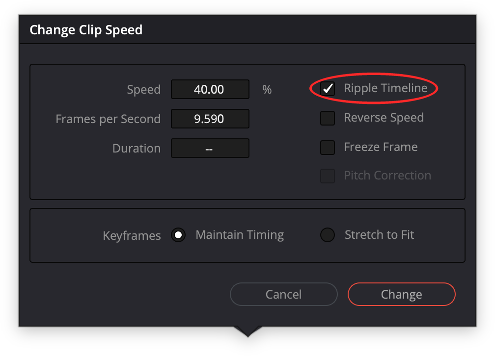 Change Clip Speed dialog set to 40%