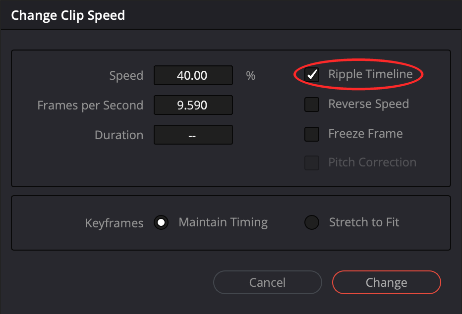 Change Clip Speed dialog set to 40%