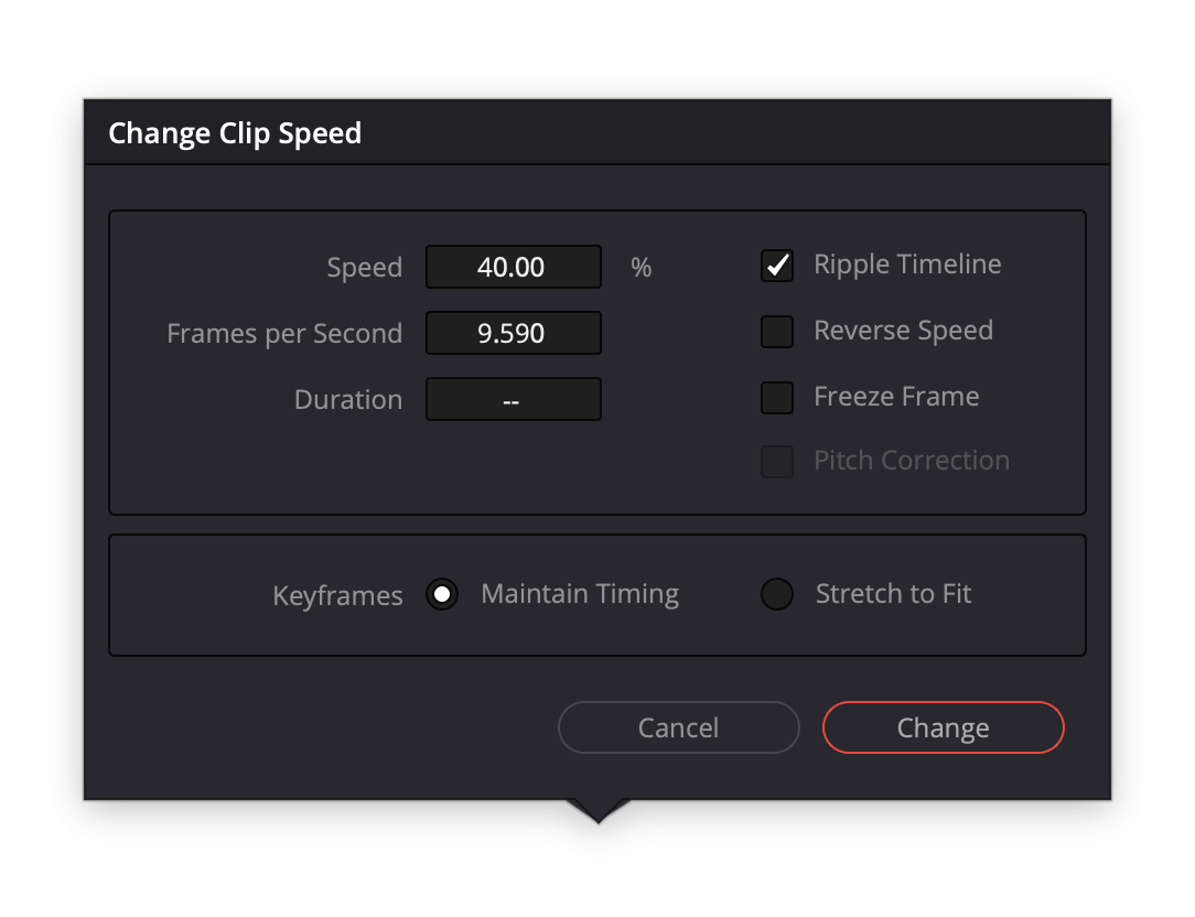 Change Clip Speed dialog set to 40%