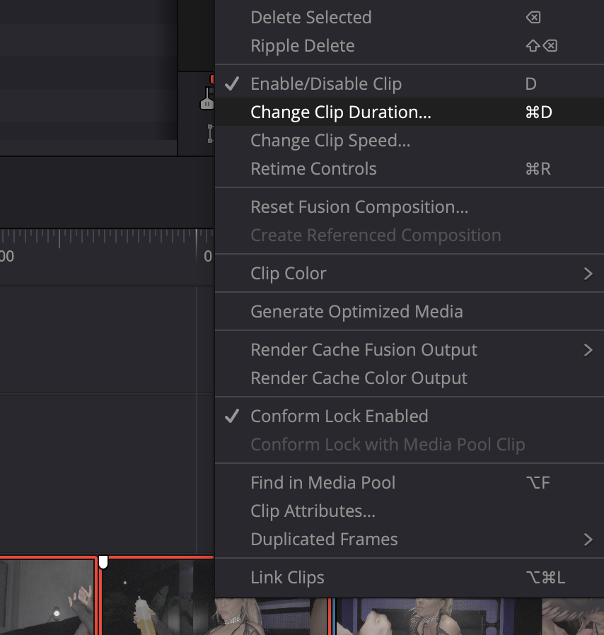 Right click menu with Change Clip Speed