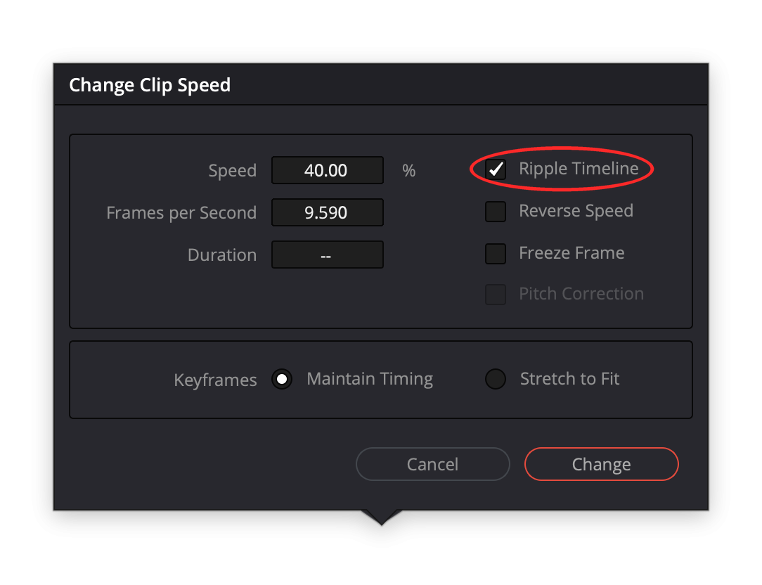 Change Clip Speed dialog set to 40%