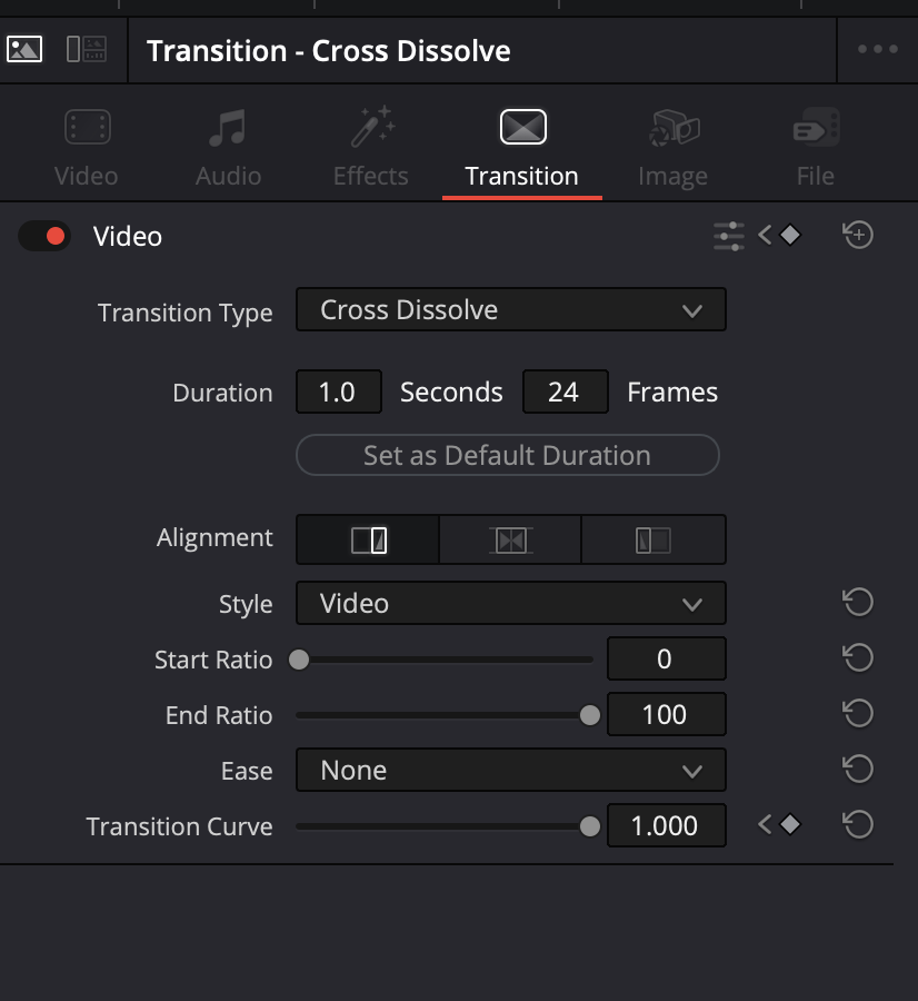 Cross Dissolve settings in the Inspector